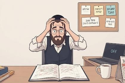בעל עסק אוחז את ראשו מול לוח מטלות עמוס, ויומן פתוח על השולחן